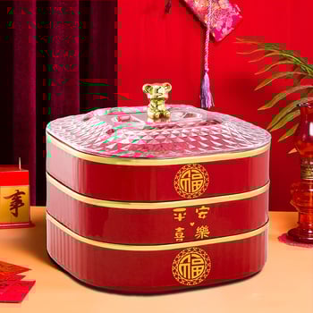 Трислоен пластмасов поднос за плодове с капак и разделители – прост стил, благоприятен узор