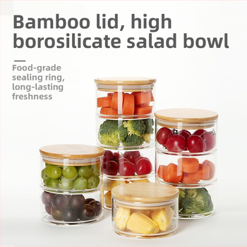 Šalátová miska z borosilikátového skla s dreveným viečkom – skladovací kontajner na obed, ovocie a zeleninu, potravinárska kvalita, odolný voči teplu 150°C