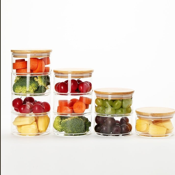 Μπολ σαλάτας από γυαλί υψηλής μποροσίλικης με ξύλινο καπάκι – στοιβάσιμο δοχείο για φρούτα και λαχανικά
