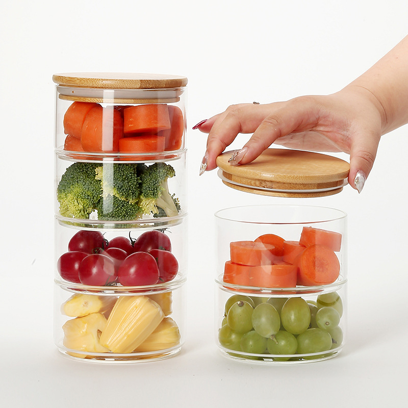 Μπολ σαλάτας από γυαλί υψηλής μποροσίλικης με ξύλινο καπάκι – στοιβάσιμο δοχείο για φρούτα και λαχανικά