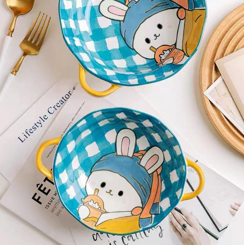 Porcelanski duboki zdjela s dvije ručke, podglazurna dekoracija, mikrovalna pogodna, više uzoraka, novi kineski stil (Porcelan; Duboka zdjela; Dvije ručke; Podglazurna dekoracija; Mikrovalna pogodna)