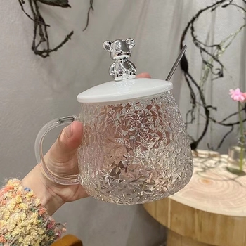 Čaša za vodu u japanskom stilu s ručkom, tekstura hammered mesh, staklo soda-lime, otisak logotipa, mogućnost prilagodbe