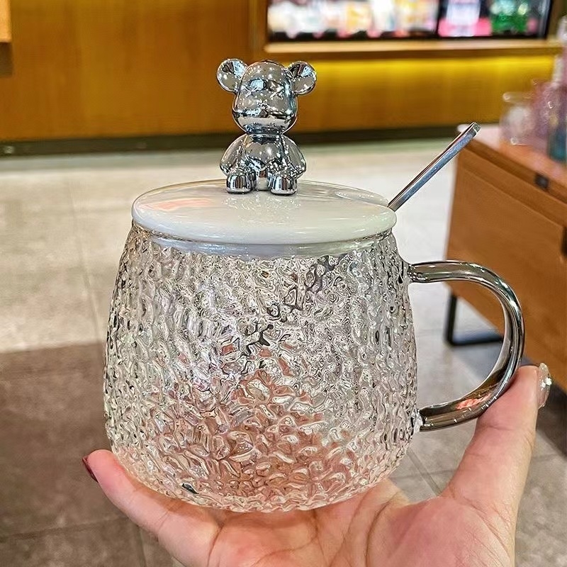 Čaša za vodu u japanskom stilu s ručkom, tekstura hammered mesh, staklo soda-lime, otisak logotipa, mogućnost prilagodbe