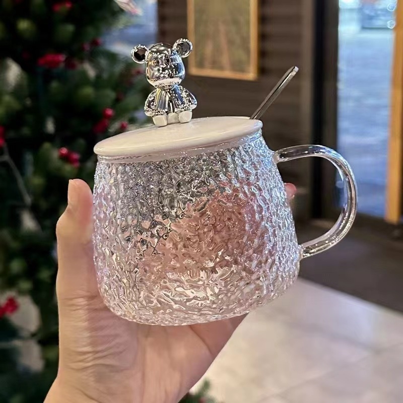 Čaša za vodu u japanskom stilu s ručkom, tekstura hammered mesh, staklo soda-lime, otisak logotipa, mogućnost prilagodbe