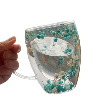 Стъклена чаша за вода с двойна изолация от боросиликат, цилиндрична, с дръжка и флорална шарка, две части