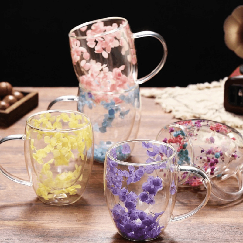 Стъклена чаша за вода с двойна изолация от боросиликат, цилиндрична, с дръжка и флорална шарка, две части