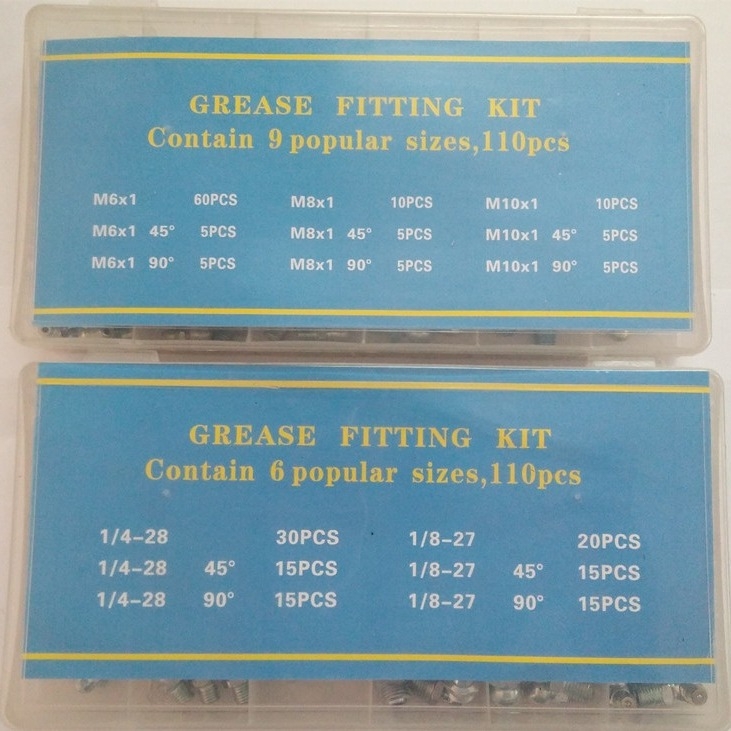 Miyako komplet za podmazivanje, 110 komada – 45°/90° savijeni priključci, ravne, plosnate i šiljate mlaznice, kutija dodataka