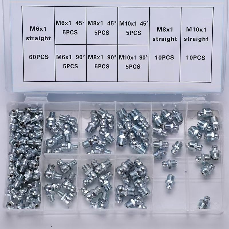 Miyako komplet za podmazivanje, 110 komada – 45°/90° savijeni priključci, ravne, plosnate i šiljate mlaznice, kutija dodataka