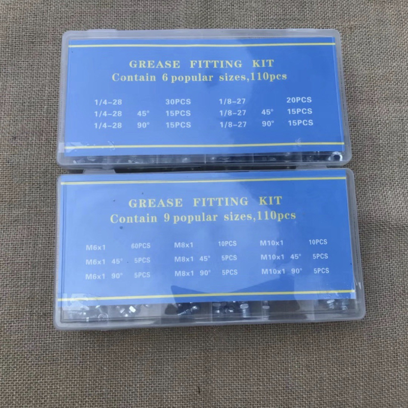 Miyako komplet za podmazivanje, 110 komada – 45°/90° savijeni priključci, ravne, plosnate i šiljate mlaznice, kutija dodataka