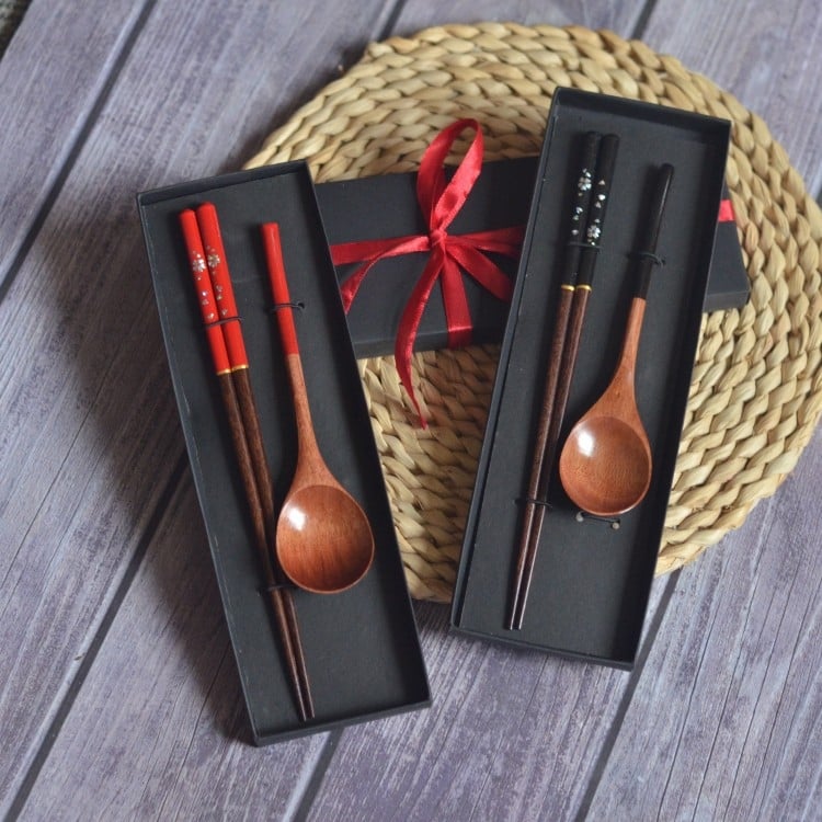Set tacâm din lemn: lingură și bețișoare, în stil National Tide, cadou de nuntă, stil Nou Chinezesc, calitate primă clasă