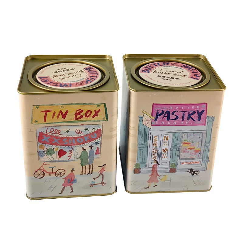 Персонализирана квадратна метална кутия за опаковане на маслени бисквитки, ламарина; форма квадратна; печат с лепило; за храна; персонализируема