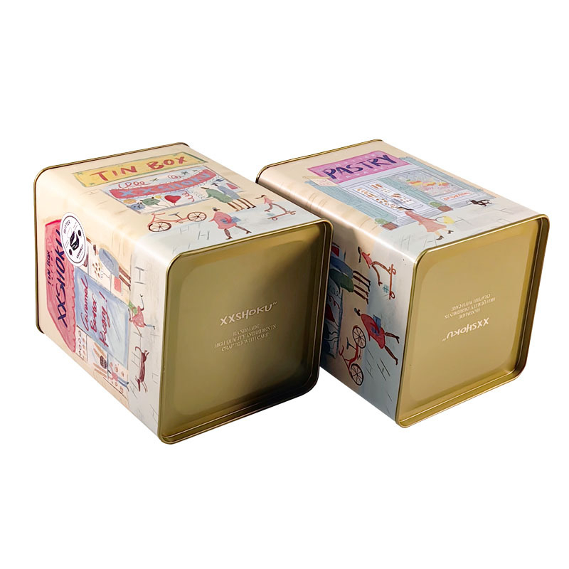 Персонализирана квадратна метална кутия за опаковане на маслени бисквитки, ламарина; форма квадратна; печат с лепило; за храна; персонализируема