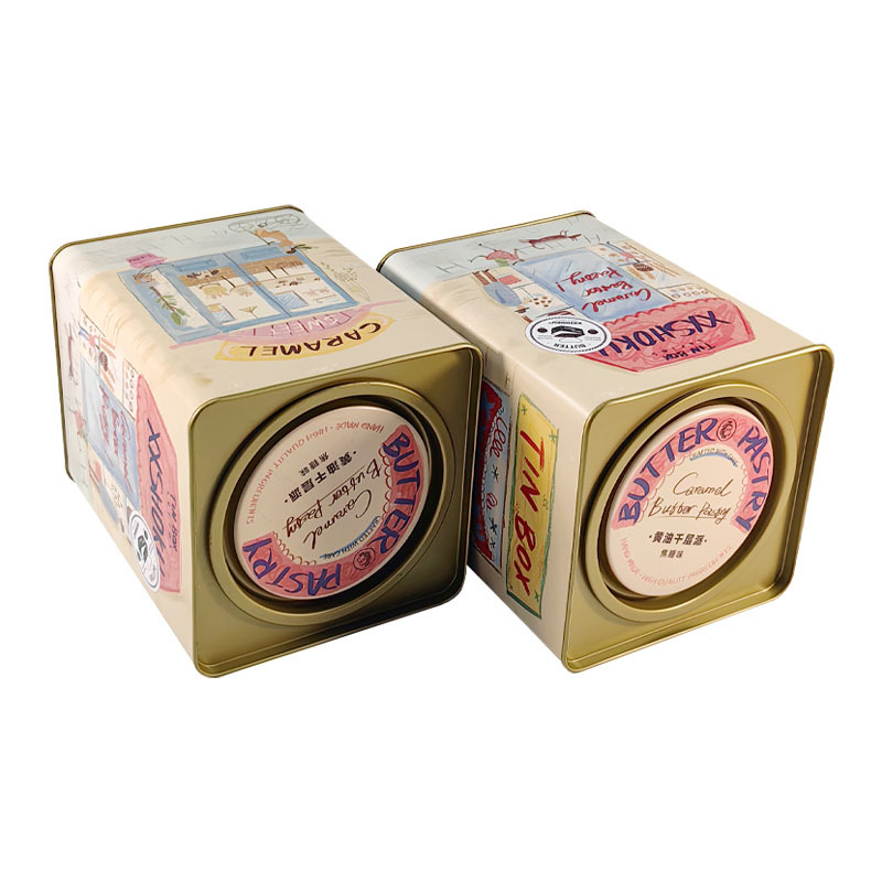 Персонализирана квадратна метална кутия за опаковане на маслени бисквитки, ламарина; форма квадратна; печат с лепило; за храна; персонализируема