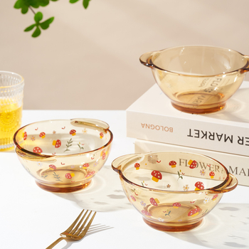 Staklena zdjela od borosilikatnog stakla s motivom crtani gljive, okruglog oblika s dvostrukim ručkama, mikrovalno sigurna