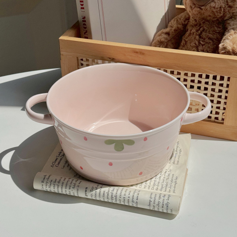 Σετ κεραμικών πιάτων με σχέδιο φράουλας, πιάτο με λαβή и μπολ για νουντλς, κορεατικό στυλ