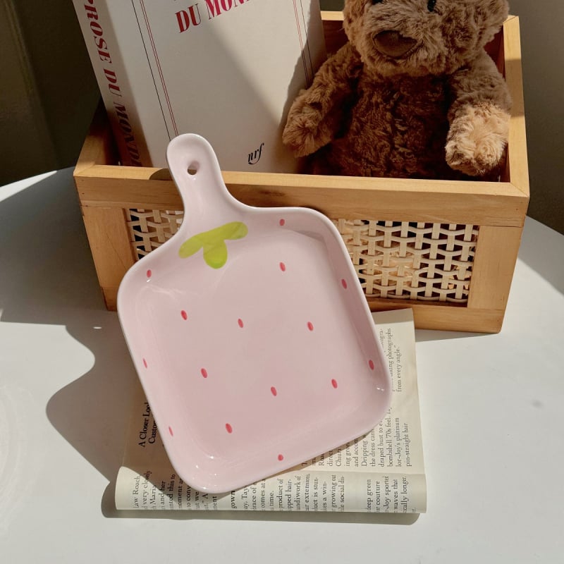 Σετ κεραμικών πιάτων με σχέδιο φράουλας, πιάτο με λαβή и μπολ για νουντλς, κορεατικό στυλ