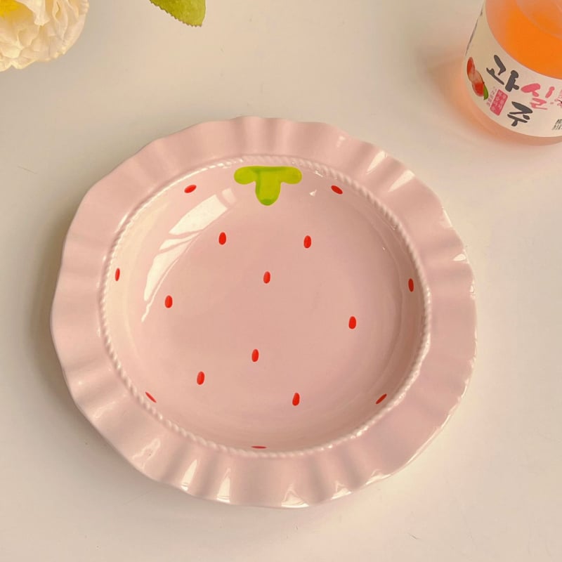 Σετ κεραμικών πιάτων με σχέδιο φράουλας, πιάτο με λαβή и μπολ για νουντλς, κορεατικό στυλ