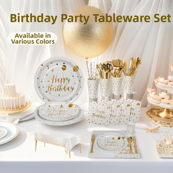 Jednorázový set jedálenských potrieb na oslavu narodenín, z papiera, poháre 250 ml, okrúhle taniere, značka Excellent Warmth