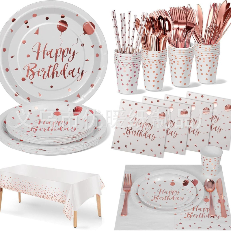 Set de veselă de unică folosință pentru ziua de naștere, din hârtie, pahare 250 ml, farfurii circulare, brand Excellent Warmth