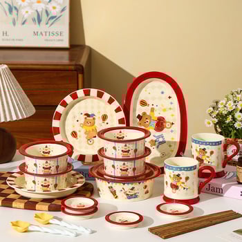 Керамичен комплект съдове за хранене (чаши, купи и чинии) – цирков мотив, мил стил, възможна персонализация