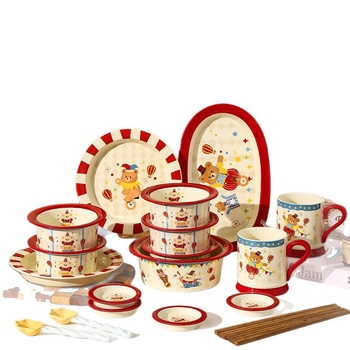 Керамичен комплект съдове за хранене (чаши, купи и чинии) – цирков мотив, мил стил, възможна персонализация