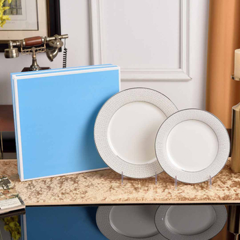 5 részes csontporcelán étkészlet platina élű geometriai csíkokkal - skandináv minimalista stílus, glazúrt felület