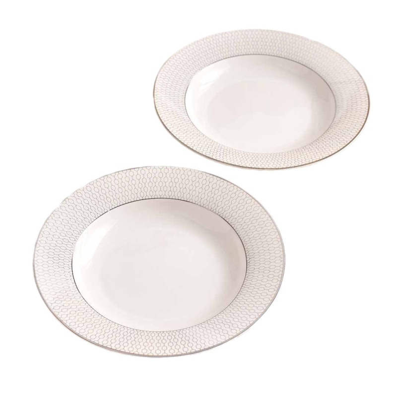 5 részes csontporcelán étkészlet platina élű geometriai csíkokkal - skandináv minimalista stílus, glazúrt felület