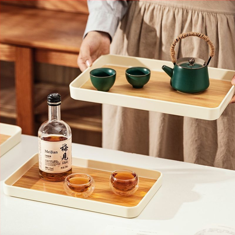 Plastová tácka v nordickom štýle s imitáciou dreva na podávanie čaju a ovocia