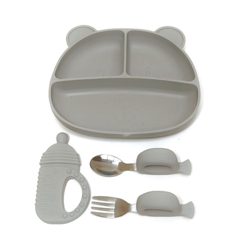 Set de tacâmuri din silicon pentru copii – bol, farfurie, lingură, cană, 4 piese, pentru copii de la 24 de luni în sus