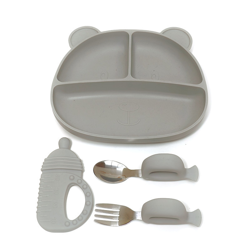 Set de tacâmuri din silicon pentru copii – bol, farfurie, lingură, cană, 4 piese, pentru copii de la 24 de luni în sus