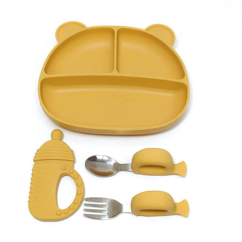 Set de tacâmuri din silicon pentru copii – bol, farfurie, lingură, cană, 4 piese, pentru copii de la 24 de luni în sus