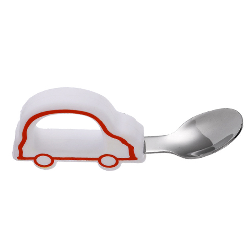 Set de masă pentru copii din oțel inoxidabil, 3 piese: lingură de antrenament, lingură pentru auto-hrănire și furculiță cu cap îndoit și mâner scurt