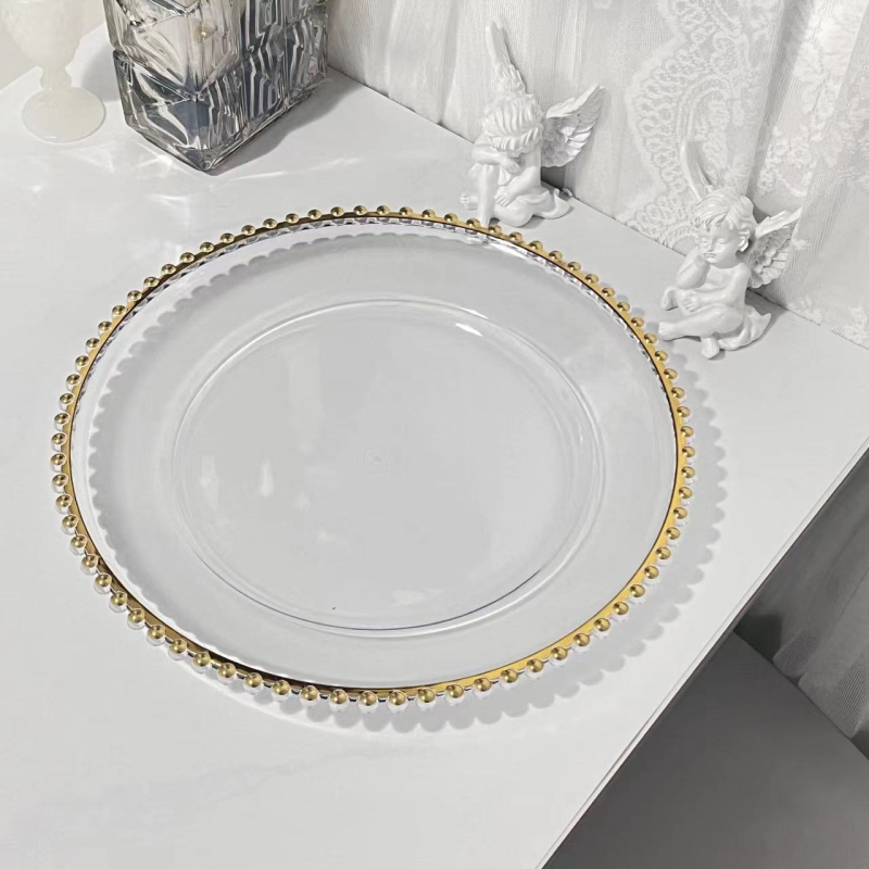 Пластмасова плодова чиния с прозрачен мънистен ръб, сватбена чиния, европейски стил, луксозно ретро, Hong Kong Plastic