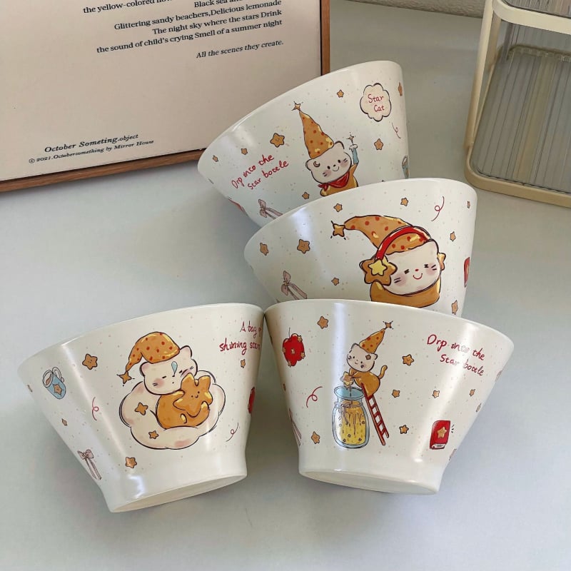 Keramička konusna zdjela, uzor karikatura, korejski stil, glazirana površina, mikrovalna kompatibilna