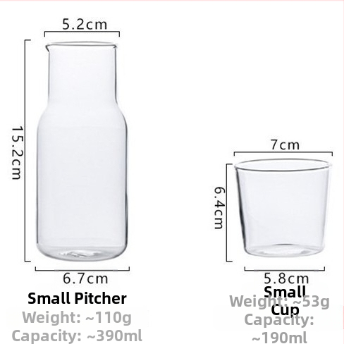 Sklenený set na studené nápoje - 1 kanvička a 1 šálka, priehľadné sklo, vlastný logotyp, moderný minimalistický štýl, vhodné pre džúsy, mlieko, nápoje, aromatický čaj a studenú vodu