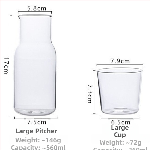 Sklenený set na studené nápoje - 1 kanvička a 1 šálka, priehľadné sklo, vlastný logotyp, moderný minimalistický štýl, vhodné pre džúsy, mlieko, nápoje, aromatický čaj a studenú vodu