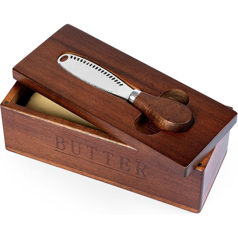 Drvena kutija za maslac s poklopcem i spatulom — skladištenje sira i deserta, pladanj za stolne užine i orašaste plodove, mogućnost prilagodbe