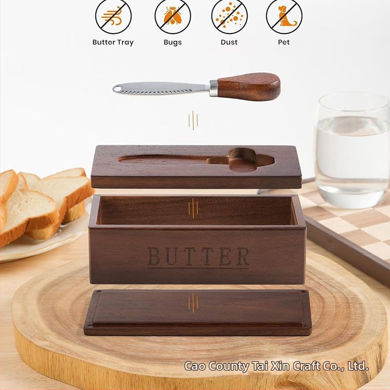 Drevená dóza na maslo s vekom a špachtľou — skladovanie syra a dezertov, tácka na občerstvenie na stole, možnosť personalizácie