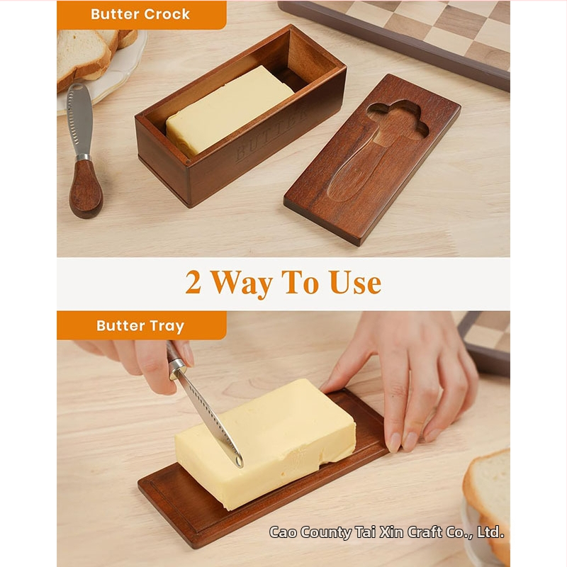 Drevená dóza na maslo s vekom a špachtľou — skladovanie syra a dezertov, tácka na občerstvenie na stole, možnosť personalizácie