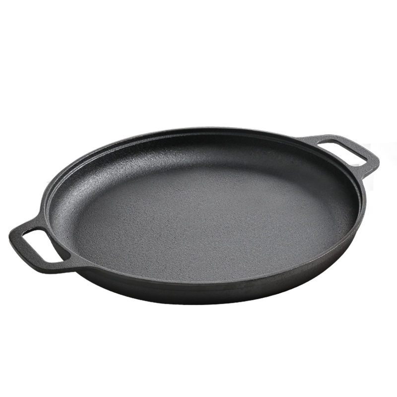Debeli tiganj za palačinke s dvostrukim držačima, lijevano željezo, ravno dno, bez premaza