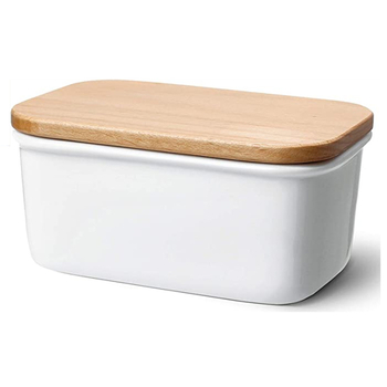 Keramička kutija za maslac s drvenim poklopcem, moderan minimalistički stil, otisnuto logo, vrhunski proizvod marke Cattle Ceramic