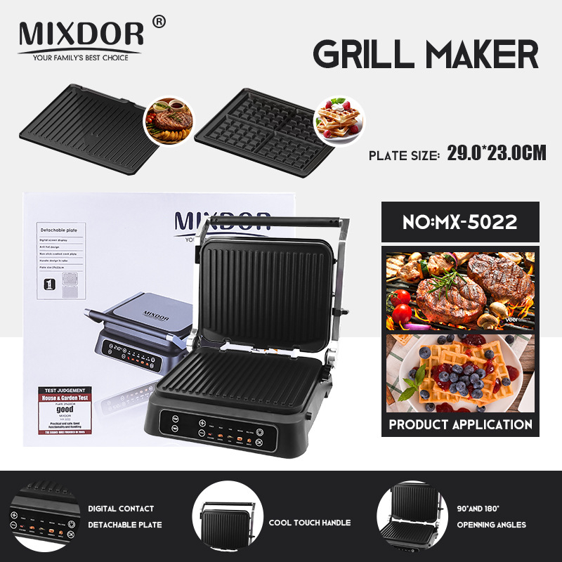 MIXDOR MX-5022 Tigaie-grill electrică cu încălzire dublă, antiaderentă, detașabilă și lavabilă, dual-purpose grill și mic dejun, 1100-1300W, 220-240V