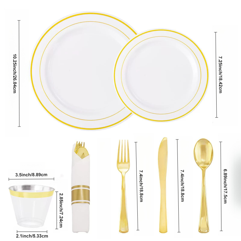 Jednokratni plastični servis za stolovanje s čašom, nožem, vilicom, žlicom i pladnjem; okrugli tanjuri; bruto težina 1,2 kg; kutija 5 kom.; rok trajanja 3 godine.