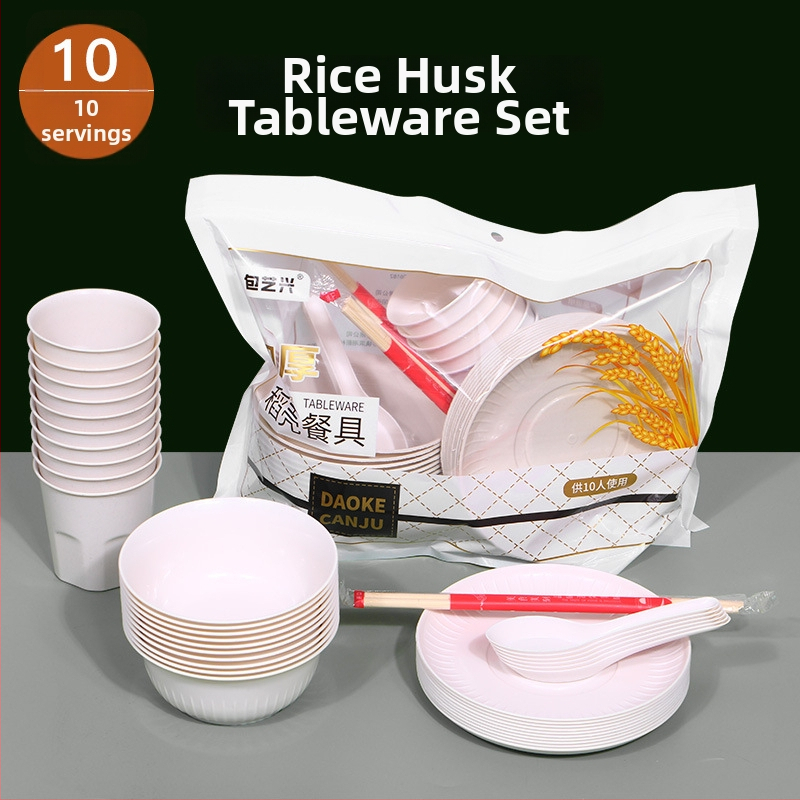 Jednorázový súbor riadu z ryžových šupiek pre vonkajšie použitie, biologicky rozložiteľný, 10 porcií