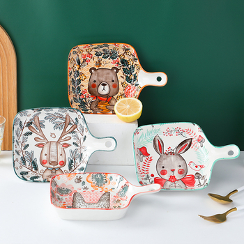 Farfurie ceramică cu mâner, pătrată, din porțelan, model floral sub glazură