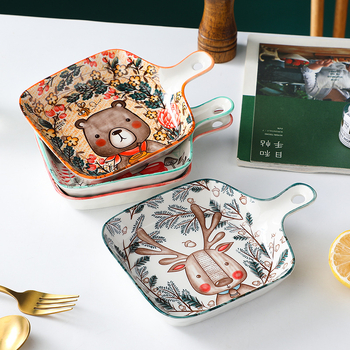 Farfurie ceramică cu mâner, pătrată, din porțelan, model floral sub glazură