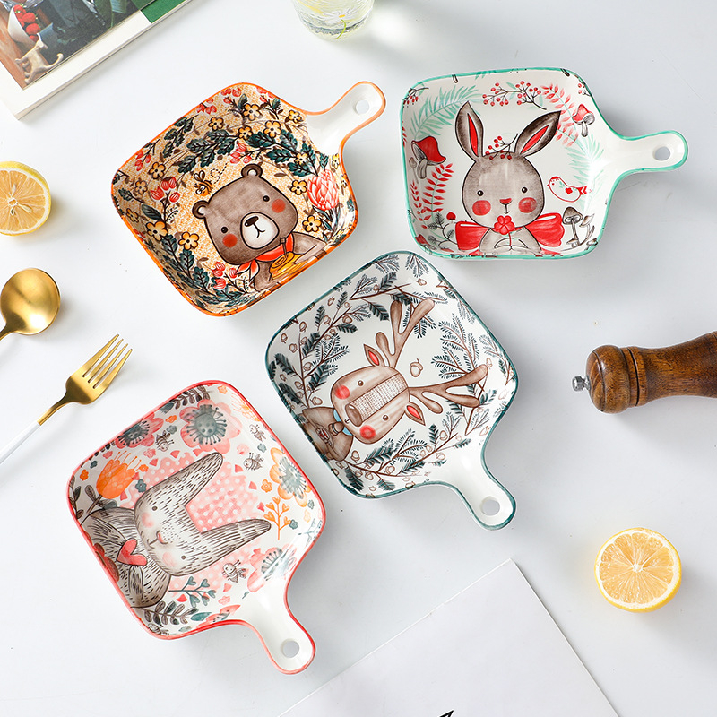 Farfurie ceramică cu mâner, pătrată, din porțelan, model floral sub glazură