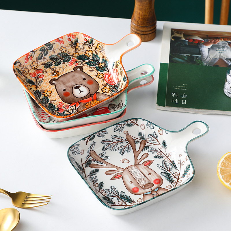 Farfurie ceramică cu mâner, pătrată, din porțelan, model floral sub glazură