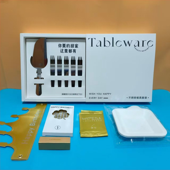 Set noža i vilice za tortu od nehrđajućeg čelika — luksuzni stolni pribor, kvadratni oblik, debljina 3,8, kutija 68 kom, rok trajanja 24 mjeseci