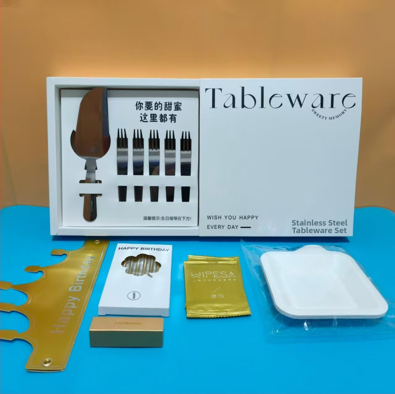 Set noža i vilice za tortu od nehrđajućeg čelika — luksuzni stolni pribor, kvadratni oblik, debljina 3,8, kutija 68 kom, rok trajanja 24 mjeseci